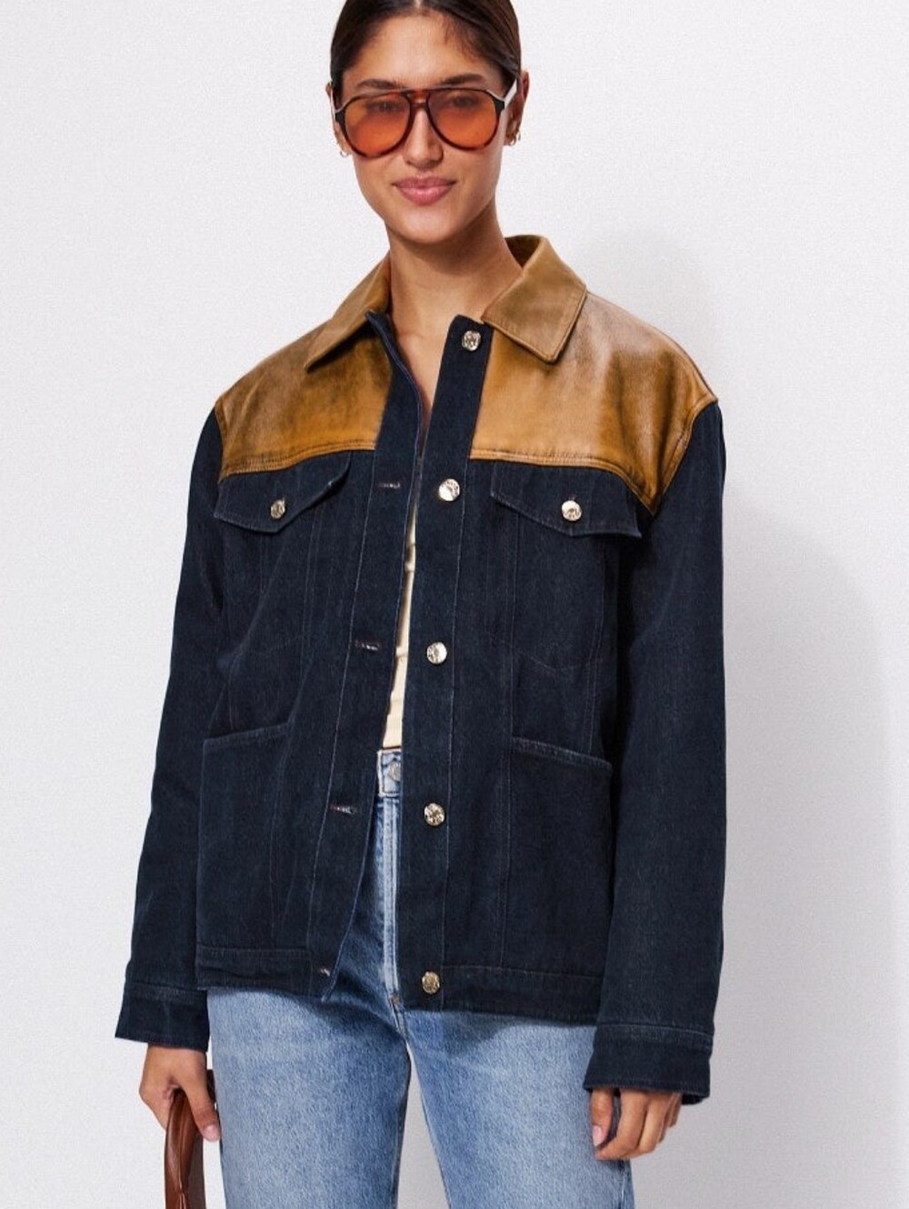 Sandro Raphael Denim Jacket With Leather Detail Long Sleeve Front Button  Size L
